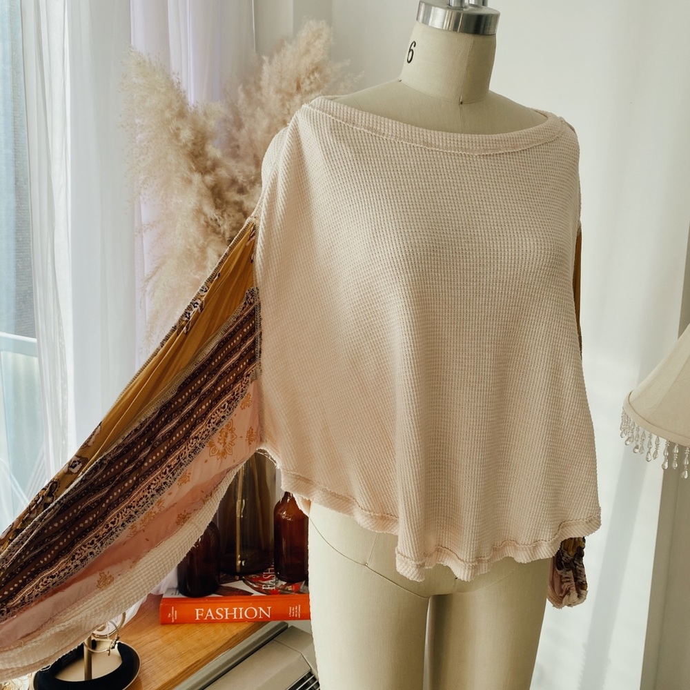 Free People Waffle Sweater w/ contrast sleeves